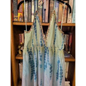 New Boston Proper Blue Multi Tie Dye Metallic Shimmer Halter Maxi Dress XL
